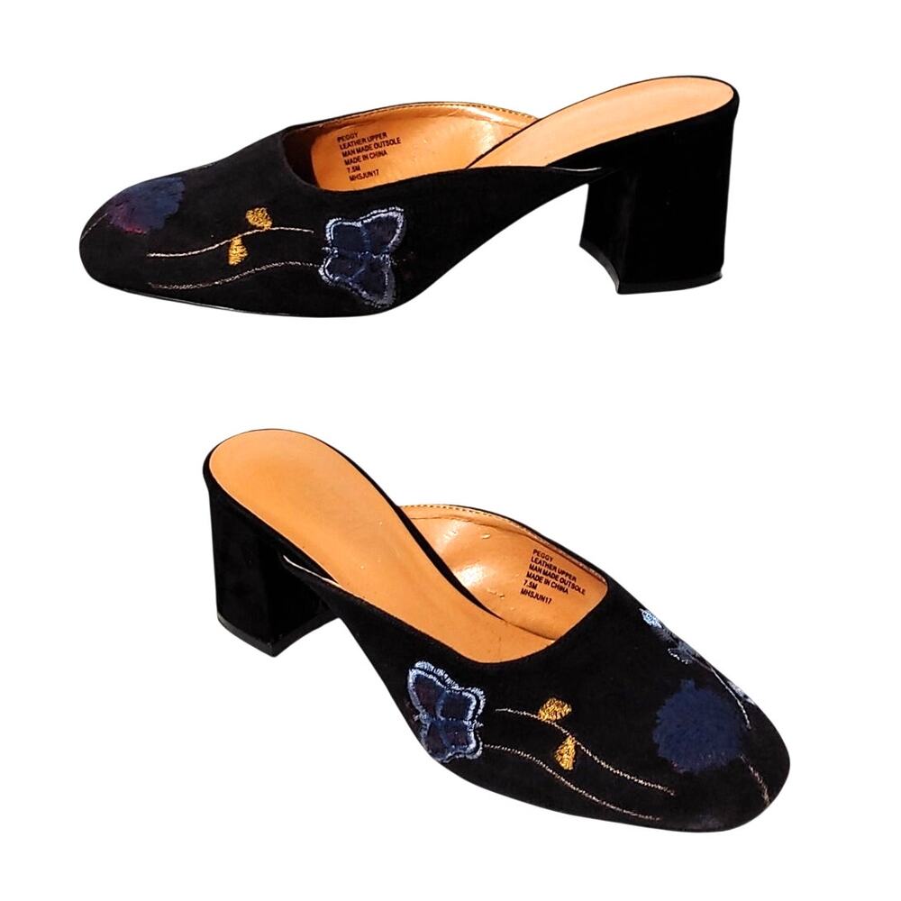 Nanette Lepore Peggy Embroidered Floral Black Suede Block Heel Mules Size 7.5M